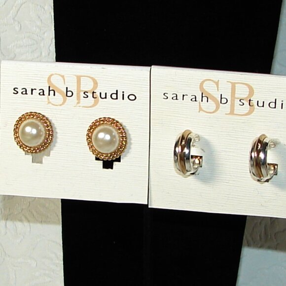 Vtg Sarah B Studio 80s Clip-On EARRINGS x2 Pair: Faux Pearl & Hoop, MOC F97 - Picture 1 of 12